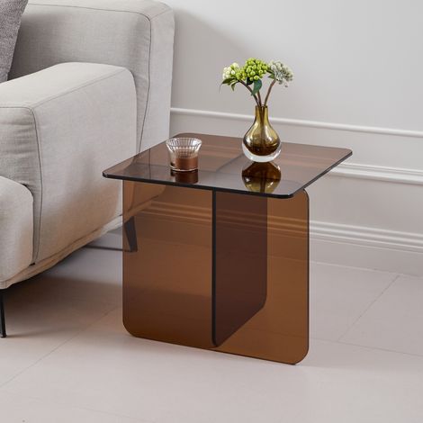 Bout de canapé marron courbé en verre trempé transparent, table d'appoint multifonction table basse table de chevet 45x45x51cm pour salon chambre maison (1/5)
