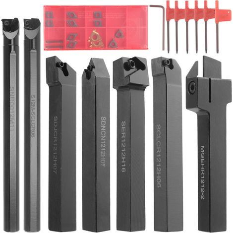 Kit Tournage Métaux 12mm - 7 Barres Acier + Inserts Carbure - Pour Tour CNC/Fraisage - Professionnel (Set Porte-Outils Complet) (1/4)