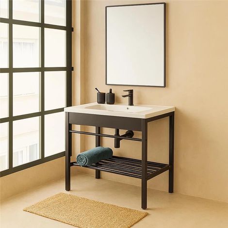 Exagonshop Mobile bagno nero 60x47 Borg a pavimento con lavabo (1/5)