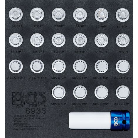 BGS Inserción para carro de herramientas 1/6: Juego de herramientas para tornillos de rueda (llaves de bloqueo de rueda) para VAG, 23 piezas - 8933