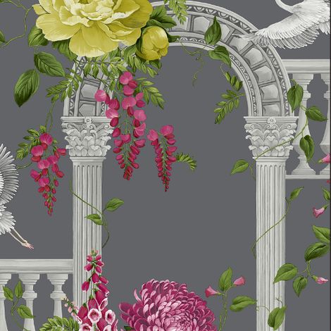 Belgravia Corinthia Arches Flowers And Herons Smooth Charcoal Wallpaper