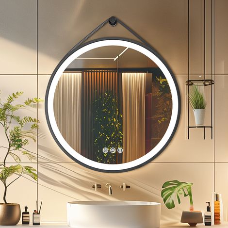 Round Black Framed Bathroom Mirrors with Microfiber Leather Hanging Strap - 60cm (1/5)
