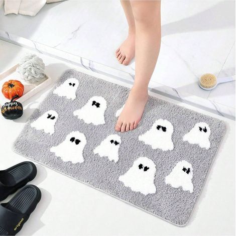 Tapis d'entrée Halloween fantômes moelleux 40x60 cm, tapis antidérapant pour décoration d'intérieur extérieur, gris (1/5)