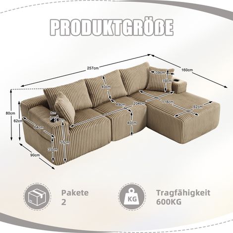 Canapé 2 places modulable avec méridienne, housse en velours côtelé moelleux, 5 coussins fournis, rangements latéraux et porte-verres, mousse à haute densité, assemblage libre, parfait pour séjour, st