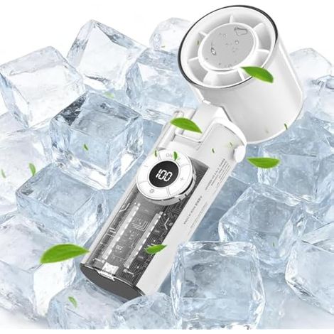 Ventilateur portable avec fonction Ice Cool - Design Mecha - Rechargeable - Transparent - Appareil de voyage pliable avec cordon lumineux - Pour camping, pique-nique, voyage, bureau, maison (blanc) (1/4)
