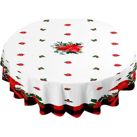 Round Waterproof Stain Resistant Tablecloth, Christmas Mistletoe, Wrinkle-Free, Washable Tablecloth for Party Decoration, Dining Room, Kitchen, Garden, Restaurant (Diameter 120cm, Green Leaves) (1/5)