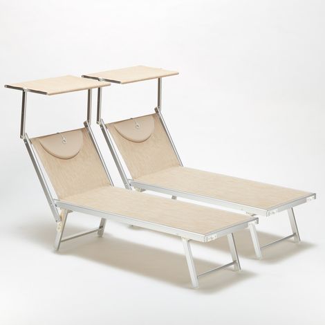 Beach And Garden Design – Lot de 2 transats de plage professionnels en aluminium – Dossier inclinable 3 positions – Tissu textilène 850g – Pare-soleil réglable
