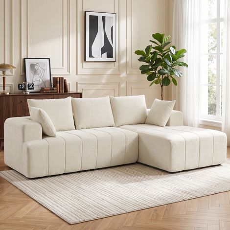 Canapé d'angle 256 cm avec méridienne, canapé-lit 3 places en chenille forme de L, assise et accoudoirs larges, beige (1/5)