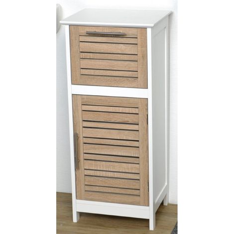 Madeinnature – Meuble bas de salle de bain Stockholm – 1 porte + 1 étagère + 2 niches – Dimensions 70x60x30cm – MDF blanc et chêne vieilli (1/5)