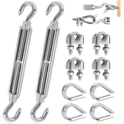 Tensioner Cable Stainless Steel Turnbuckle Hook M6 Wire Tensioner Hook and Eye Tensioner with Stainless Steel Cable Clamp and Cable Lugs for Tightening Tensioning and Adjusting Rope 10pcs (1/5)