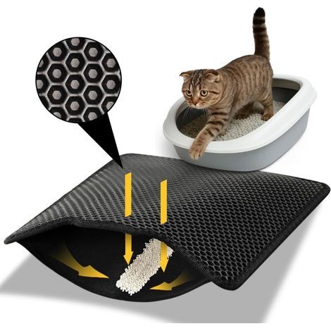 Katzenstreumatte 60 x 40 cm, doppellagig, wabenförmig, wasserdicht und waschbar, rutschfest, urinbeständig, schwarz (1/4)