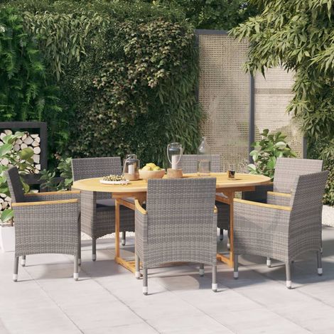 Ensemble repas de jardin 7 pièces en acacia avec coussins gris 180 x 90 cm - PANGIVO (1/5)