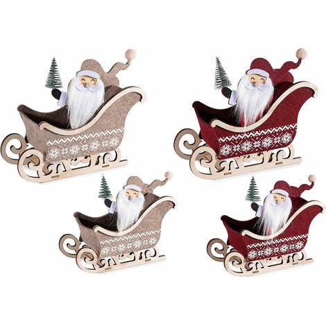 Cestini natalizi a slitta in panno e legno con Babbo Natale in set da due pezzi, set da 2 pezzi, Grande: cm 22 x 8 x 19,5 H