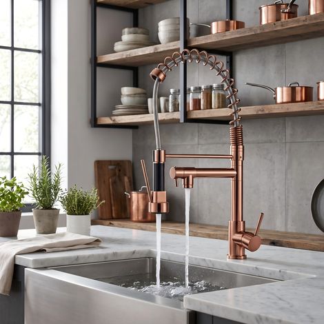 Mezclador de cocina en oro rosa con rociador con resorte - Grifo de fregadero giratorio 360°, doble caño, agua caliente y fría, 2 chorros (1/5)