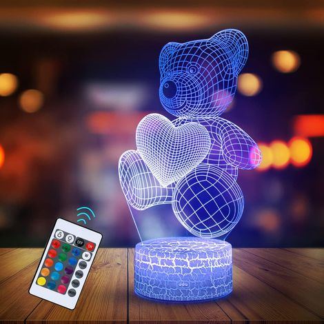 Lampada da notte a forma di orso con illusione 3D, luce notturna a forma di orsetto per bambini, regali per donne, lampada a LED con illusione 3D, lampada romantica che cambia colore, regalo di San Va