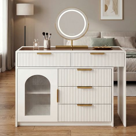 Table de maquillage blanche extensible avec miroir LED, plateau en verre, façade rainurée, coiffeuse moderne 90-160 cm