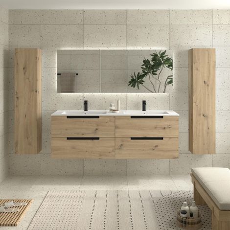 Mueble de Baño LENI 160cm Roble 4 cajones Lavabo Vilna 2 pozas Solid Surface (1/5)