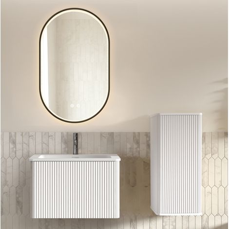 Meuble de salle de bain suspendu avec vasque, colonne et miroir LED 61 cm blanc OKMYHOME (1/5)
