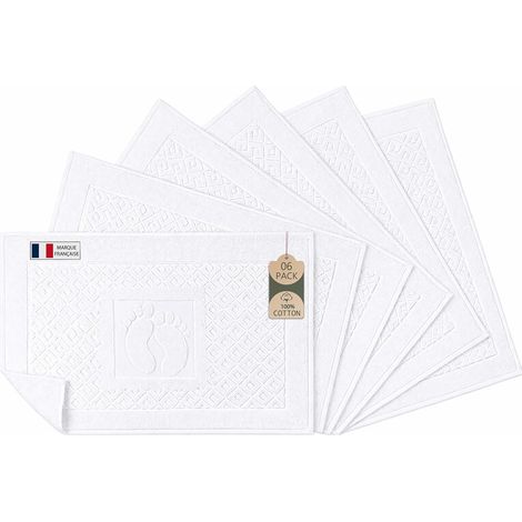 Tapis de Bain - Lot de 6 - Coton 100% - Absorbant et Séchage Rapide - Pour Salle de Bain, Hôtel et Spa - Blanc - 50x70 cm (1/5)