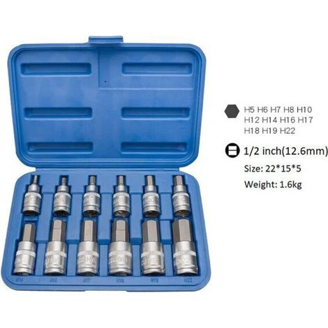 Jeu de clés à douille Torx à six pans creux 12 pièces, 6 pans creux 5, 6, 7, 8, 10, 12, 14, 16, 17, 18, 19, 22 mm, Avec boîte de rangement en plastique, 12,5 mm (1/2 pouce).. (1/4)