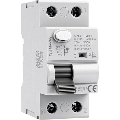 Disjoncteur différentiel 30mA 63A Type F 2 pôles interrupteur différentiel 63A 30mA 6kA 2P AC230V RCCB disjoncteurs électriques adapté aux équipements monophasés à charge variable GYL9 (1/5)