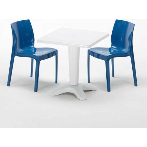 Tavolino Quadrato Bianco 70x70 cm con 2 Sedie Colorate Ice Patio - Blu