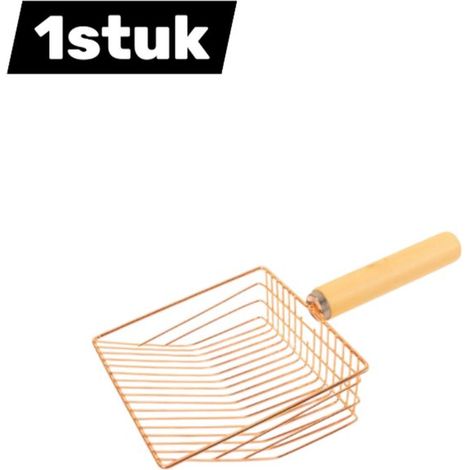 pelle à litière pour chat - Extra grande - Manche en bois - Pelle à litière en acier inoxydable avec manche en bois - Tamis fin pour tous types de sable - Hygiénique - Or rose (1/5)