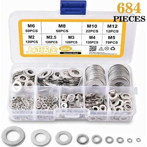 684-teiliges Unterlegscheiben-Sortiment aus Edelstahl, flache Sicherungsscheiben aus Metall, 9 Größen für Sanitär, Fabriken, Reparaturen – M2 M2,5 M3 M4 M5 M6 M8 M10 M12 (1/5)
