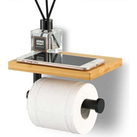 Porte-papier toilette mural en bambou, en acier inoxydable SUS304, noir mat.