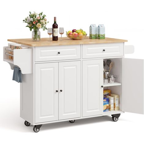 Kücheninsel-Unterschrank Bealife Küchenschrank Klappbar mit klappbarer Arbeitsplatte 2 Schubladen 2 Regalböden 4 Türen Weiß 145 x 75 x 90 cm
