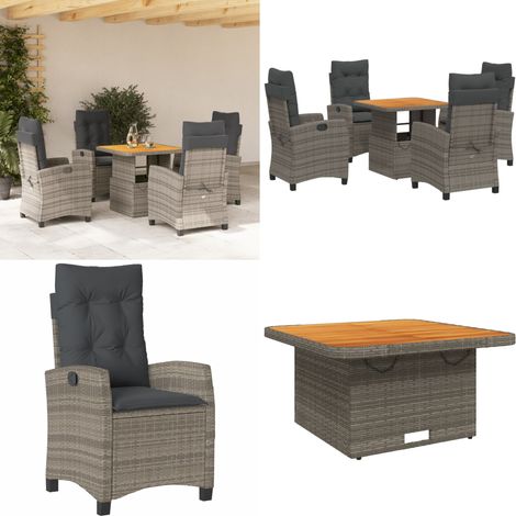 5-tlg. Garten-Essgruppe mit Kissen Grau Poly Rattan - Gartentisch - Relaxsessel