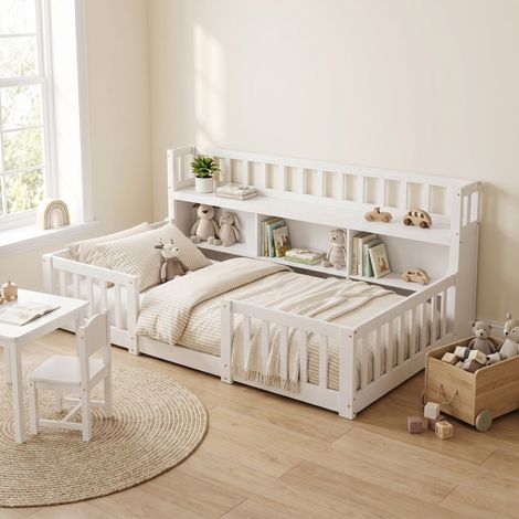 Letto Montessori 90x200 cm con libreria e barriera di sicurezza, letto a terra in legno, bianco