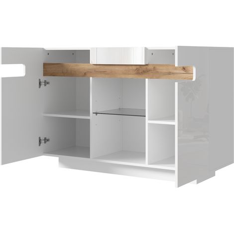 Aparador LED con 4 estantes y 2 huecos abiertos 120 x 40 x 80 cm blanco y efecto madera natural (1/5)
