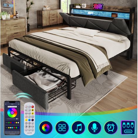 Polsterbett 160/200 cm grau aus Leinen mit LED-Kopfteil, USB-C und 2 Schubladen (1/5)