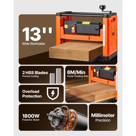 Raboteuse à banc 1800W 23500 tr/min, 2 lames, table 330 mm, doubles rouleaux, protection surcharge, vitesse fixe, bois dur et tendre (1/5)