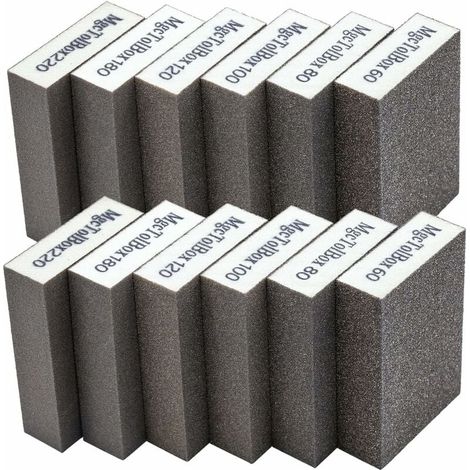 Set of 12 KZQ sanding sponges and blocks, grits 60/80/100/120/180/220, washable and reusable. Features: