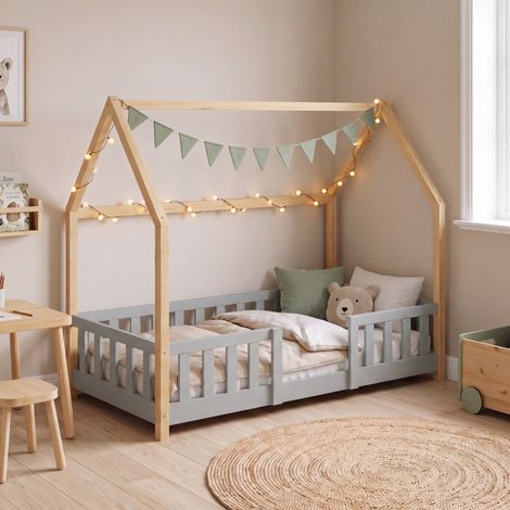 Hausbett Sisimiut mit Rausfallschutz 80x160 cm Hellgrau/Natur [en.casa] (1/5)