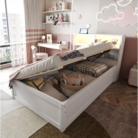 MEUBLIV Cama 90x200 cm blanca – almacenamiento integrado, LED y enchufes, sin colchón (1/5)