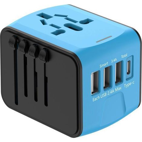 Adaptateur Voyage Universel International avec 3 USB et 1 Type C, 1500W, Prise France vers USA Canada UK EU Chine Japon, bleu (1/4)