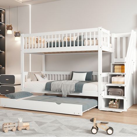 Letto a castello bambini 90x200 cm con letto estraibile 90x190 cm, scala contenitore e sponde di sicurezza, in pino e MDF bianco, materasso non incluso (1/5)
