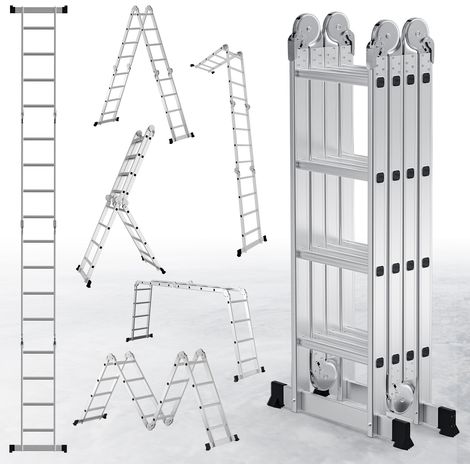 Wolketon 7in1 Mehrzweckleiter 4x4 Stufen aus Aluminium, ca. 470cm / 4.7m, Multifunktions-Gelenkleiter, Klappleiter & Stehleiter, max. Belastbarkeit 150 kg (1/5)