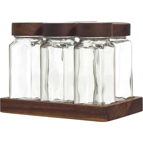 Lot de 6 Bocaux à Épices en Verre avec Plateau en Acacia (1/5)