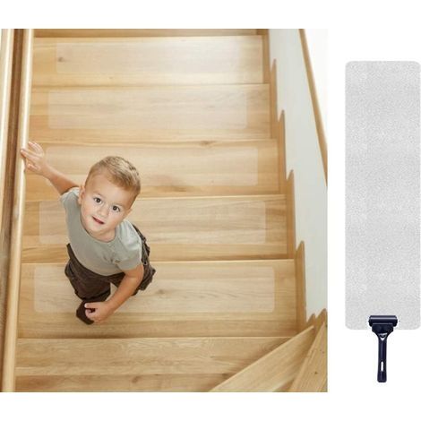 Bandes antidérapantes transparentes pour escaliers 10 cm x 60 cm – Lot de 15 bandes – En PEVA pour surfaces bois, béton et carrelage - 15-Fei (1/5)