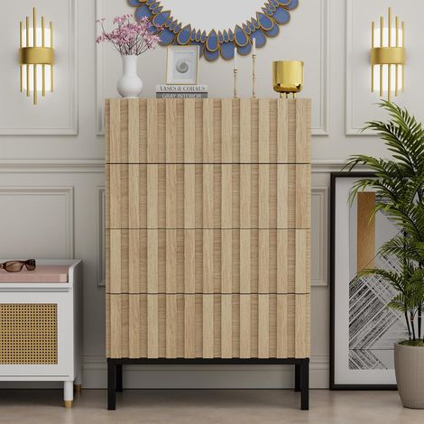 UEV – Commode étroite 4 tiroirs en bois naturel – Dimensions 60 x 34,5 x 92 cm – Pieds en métal – Grand espace de rangement pour salon ou chambre