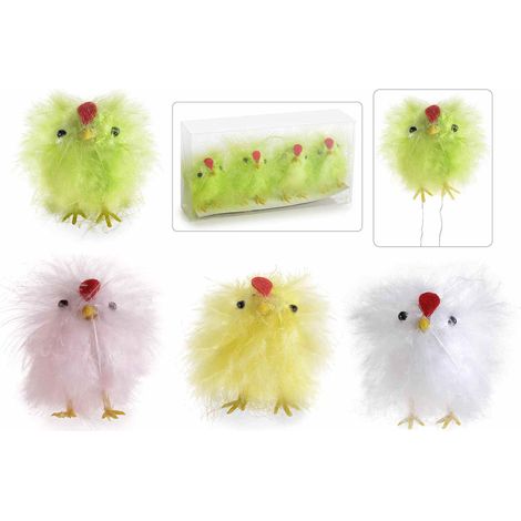 Petites poules de Pâques décoratives avec vraies plumes colorées en boîte PVC, lot de 4, H. 5 cm