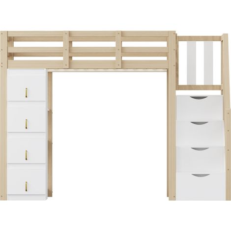 Hochbett 90 x 200 cm aus Naturholz mit 4 Schubladen und Regalen (1/5)