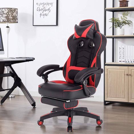 WOLTU Gaming Stuhl, Ergonomischer Computerstuhl mit Lendenkissen, Höhenverstellbarer Drehstuhl, Bürostuhl mit Fußstütze & Große Rückenlehne & Sitzfläche, Gaming Chair aus Kunstleder, Schwarz+Rot (1/4)