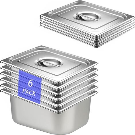 Lot de 6 Plat Inox avec Couvercle, GN 1/2 Bac avec Couvercle, 32,5 x 26,5 x 15 cm Bac Alimentaire Inox pour des Fours à Convection, des Chafing Dishes, des Réfrigérateurs (1/5)