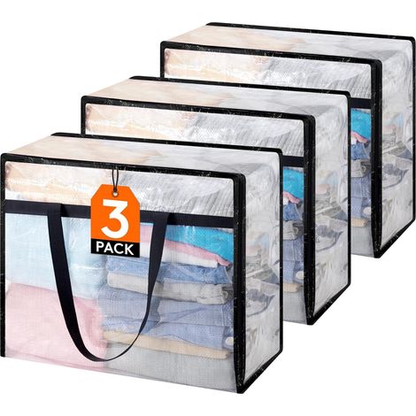 3 sacs de rangement transparents 40 L en PP, housses pliables avec poignées, pour vêtements, couettes, couvertures, jouets et déménagement (1/5)