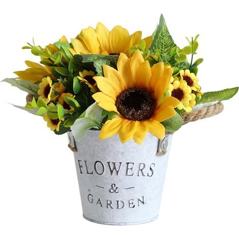 Plante en Pot de Tournesol de Simulation, Pot de Fleurs Artificielles de Corde de Sisal Rugueux de Seau de Bidon Vintage de Tournesol (X) (1/5)